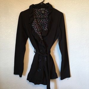 Black Ladies Long Jacket with Tie Waist